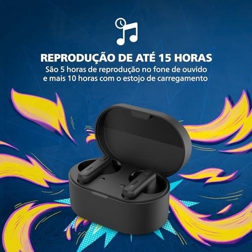         Fone de ouvido sem fio TWS Philips TAT1108BK/00 - bluetooth com microfone, formato em haste, IPX4, energia para 15 horas totais e na cor preto       